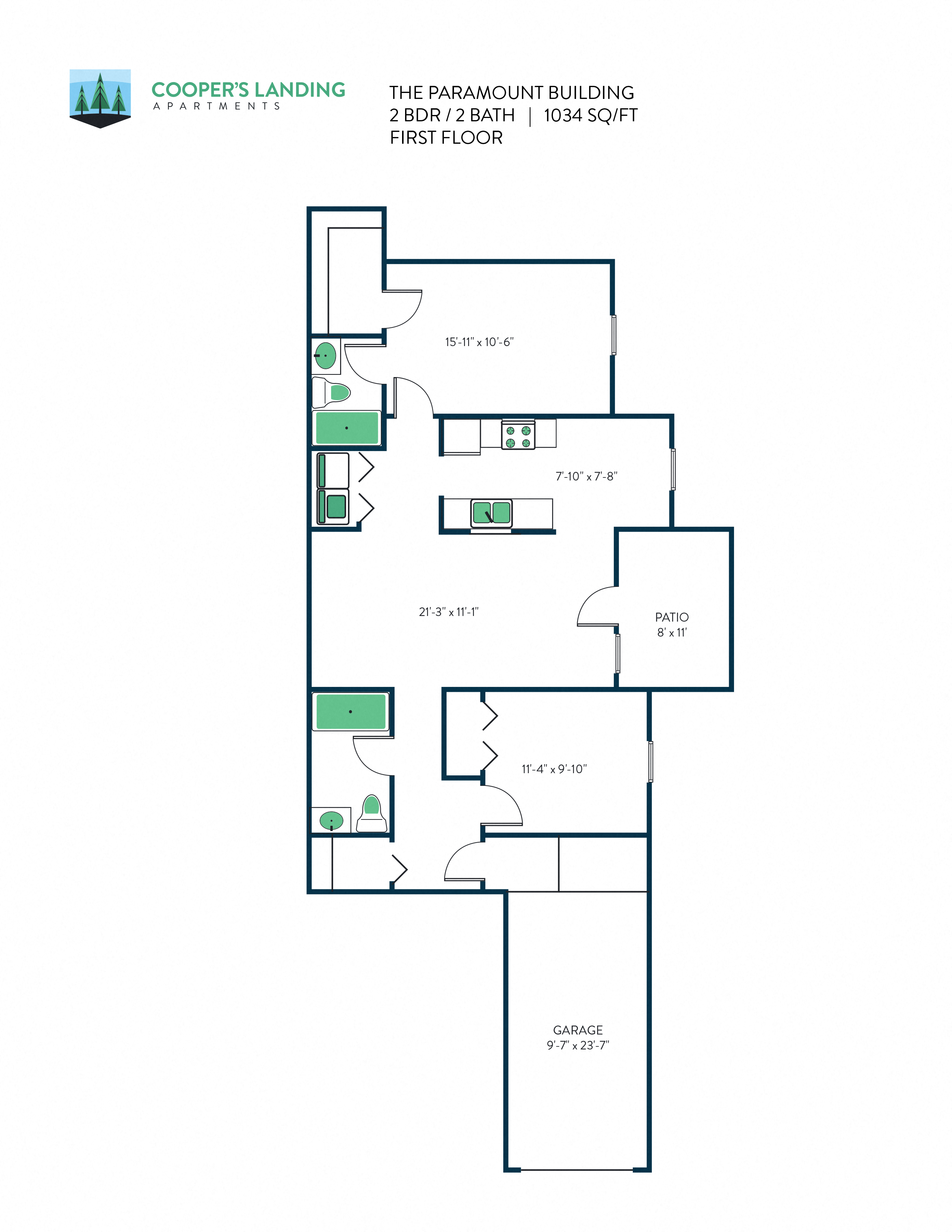 Floor plan for 2 beds, 2 baths, 1034 sqft